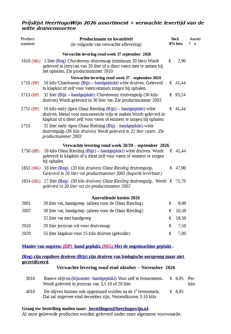 Prijslijst 01 juli 2026 Heerhugowijn Witte druiven